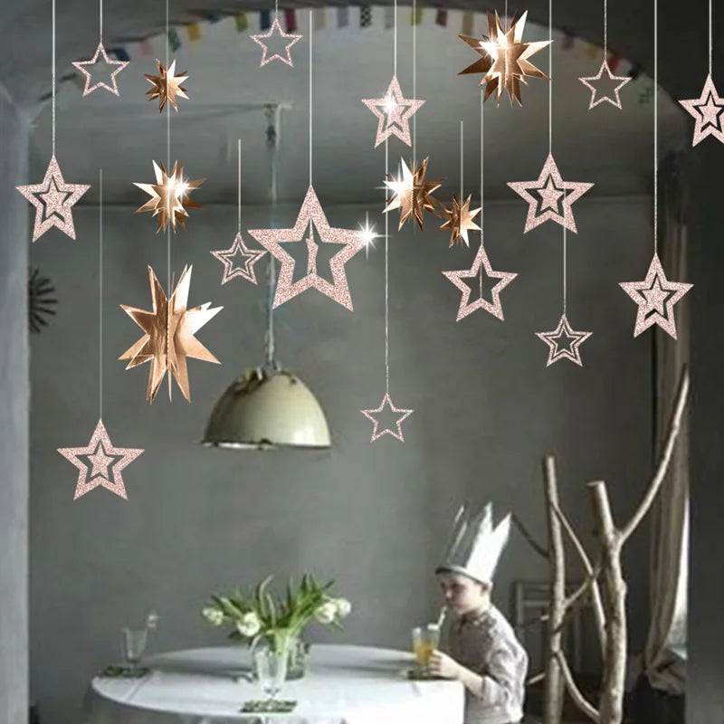Rose Gold Hollow Star Paper Garlands Banner Hanging for Wedding Christmas Decorations Kids Birthday Party Supplies Baby Shower-Serilas