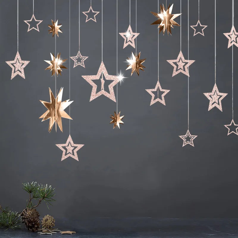 Rose Gold Hollow Star Paper Garlands Banner Hanging for Wedding Christmas Decorations Kids Birthday Party Supplies Baby Shower-Serilas