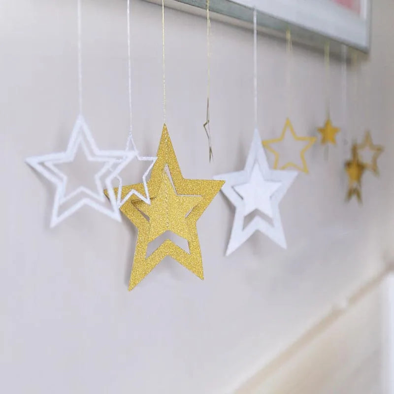 Rose Gold Hollow Star Paper Garlands Banner Hanging for Wedding Christmas Decorations Kids Birthday Party Supplies Baby Shower-Serilas