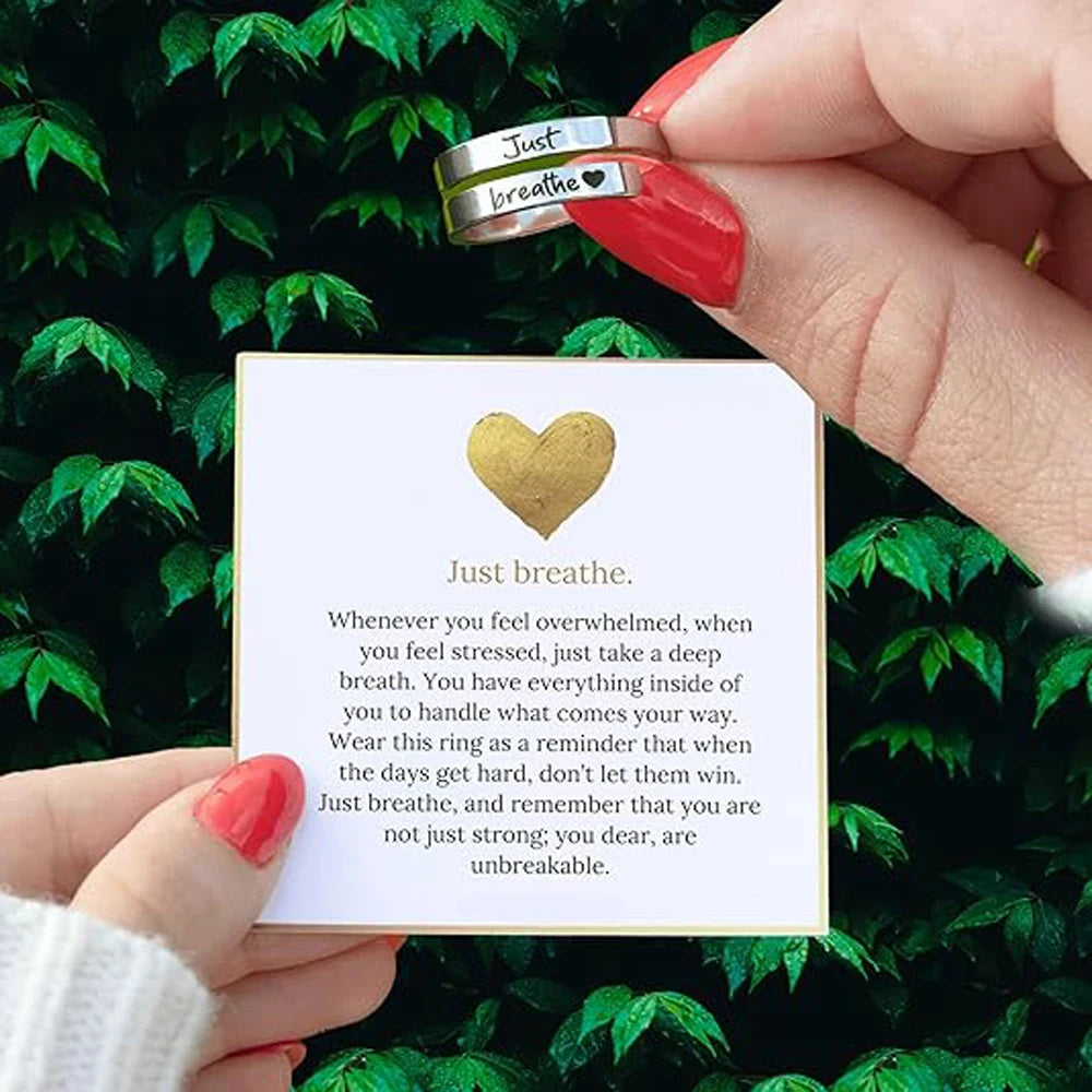 Just Breathe Heart Ring for Women Men, Stainless Steel Spiral Wrap Healing Rings, Inspirational Heart felt Gifts with Box-Serilas