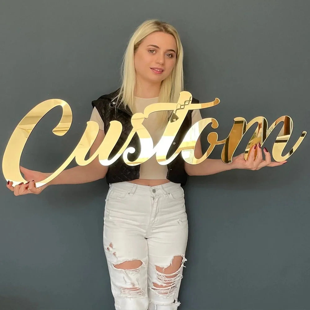 Personalized Custom Baby Name Sign Decor Acrylic Mirror Gold Wood Wall Signs Baby Shower Nursery Decor Wedding Party Plaque Gift-Serilas