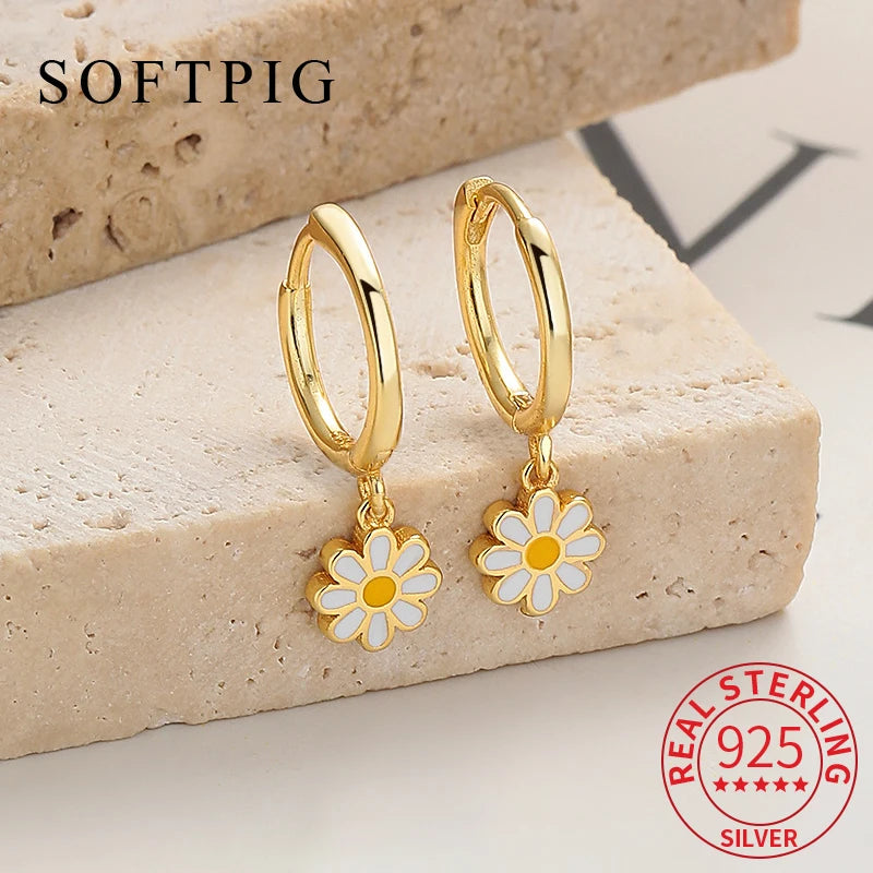 SOFTPIG Real 925 Sterling Silver Flower Pendant Hoop Earrings For Women Cute Plant Fine Jewelry Minimalist Accessories-Serilas