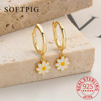 SOFTPIG Real 925 Sterling Silver Flower Pendant Hoop Earrings For Women Cute Plant Fine Jewelry Minimalist Accessories-Serilas