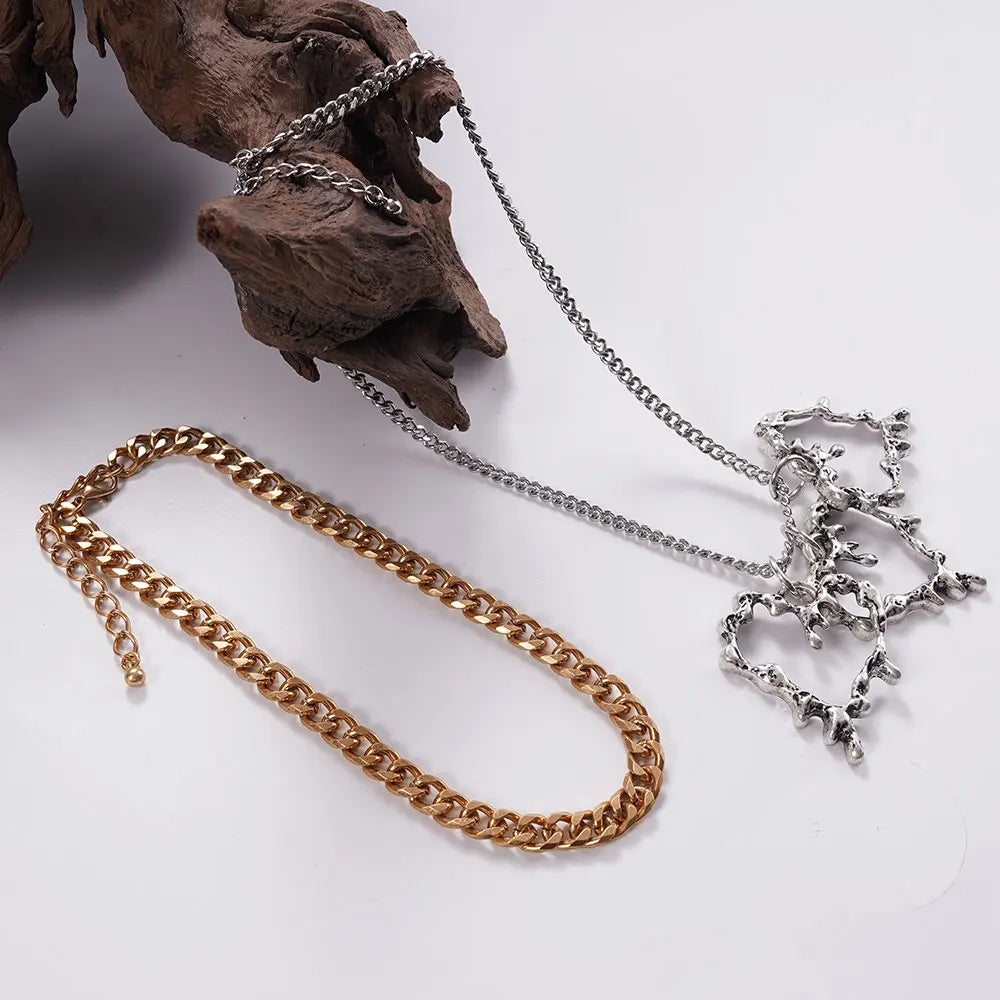 Chunky Gold Chain Necklace for Women Hypoallergenic Long Silver Love Heart Necklace Bold Statement Thick Puffy for Women Trendy-Serilas