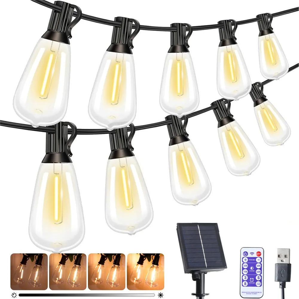 LED ST38 Solar String Lights for Outside, USB & Solar Dual Charging Outdoor String Lights for Porch Garden Camping-Serilas