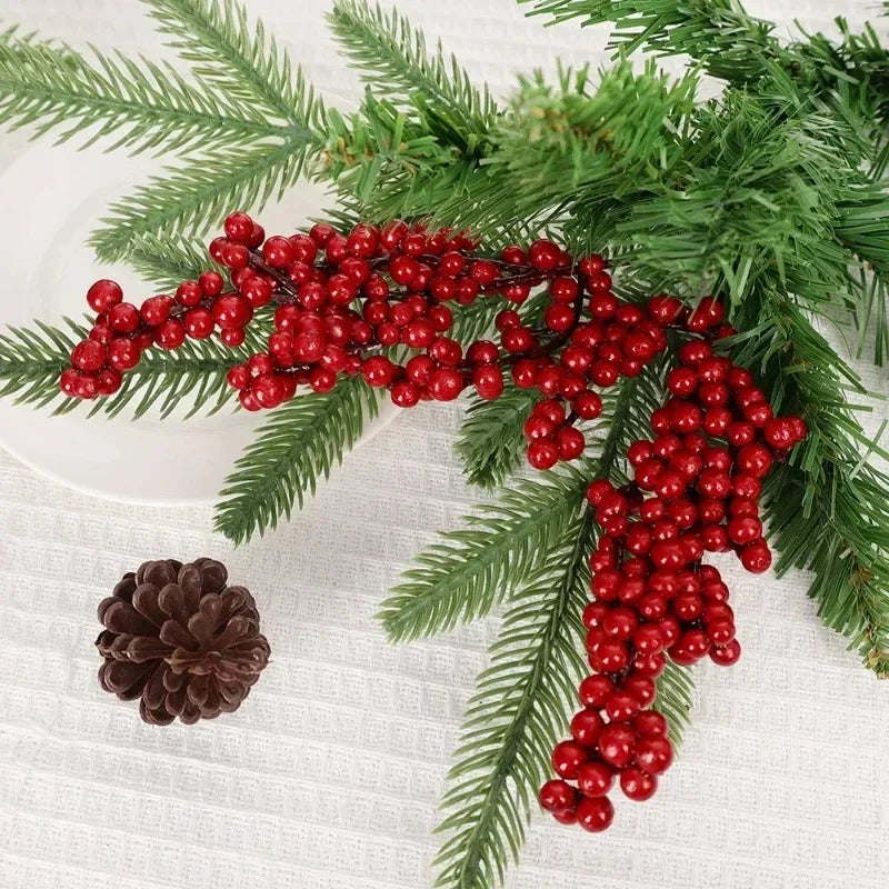 Christmas Red Berries Branch  Artificial Holly Berry Stamen Wreath DIY Foam Fake Flower Ornaments for Xmas Tree Party Home Decor-Serilas