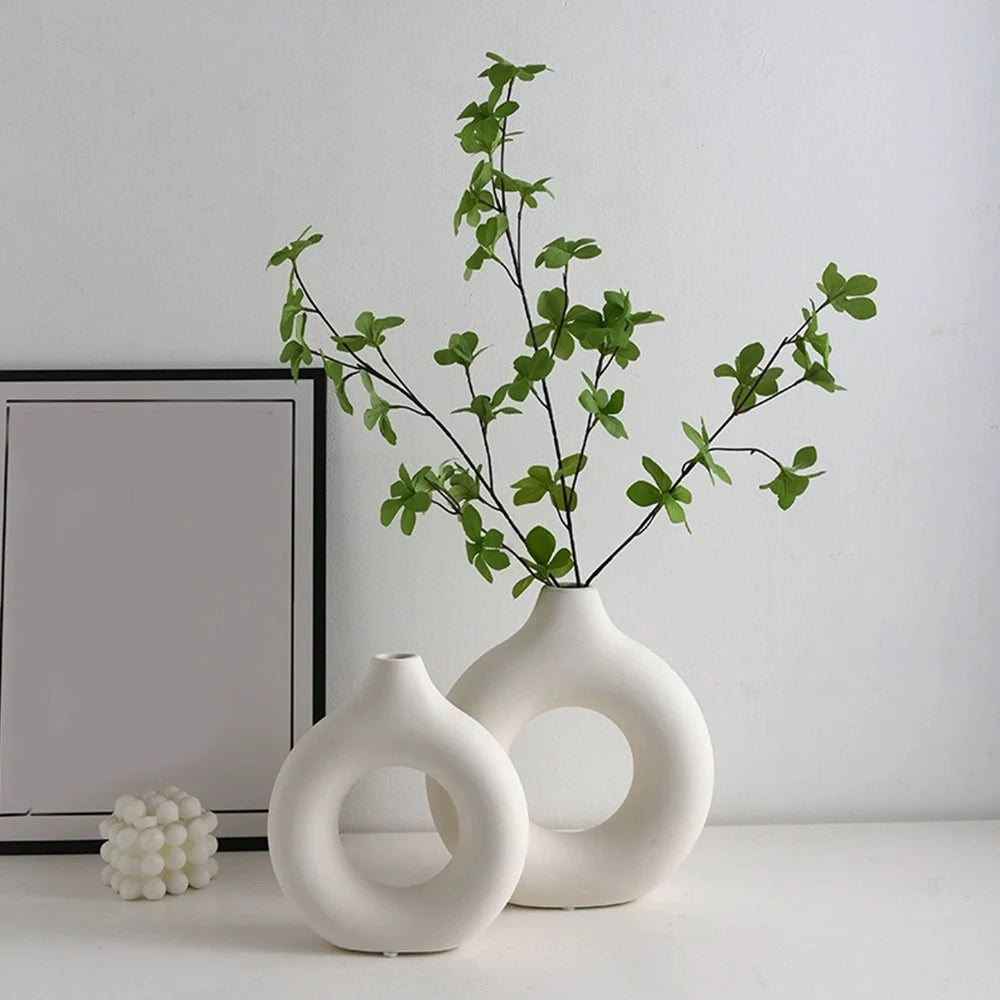 Nordic Vase Circular Hollow Ceramic Flower Vase For Home Living Room Decoration Accessories Interior Office Desktop Decor Gift-Serilas