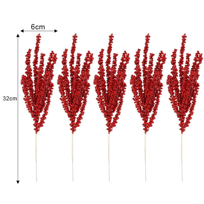 New Christmas Red Berries Branch Artificial Holly Berry Stamen Flowers Wreath for Xmas Tree Ornaments New Year Party Home Decor-Serilas