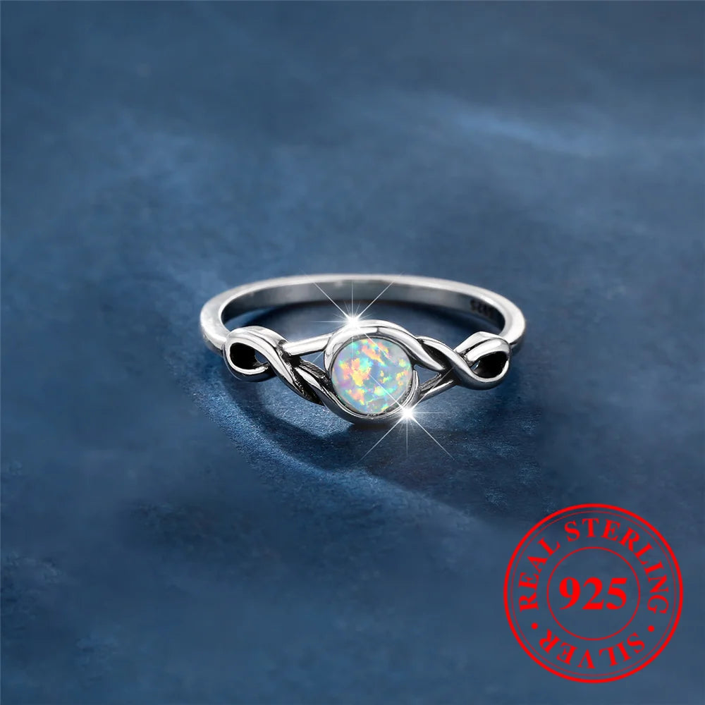 Female Cute Natural White Fire Opal Stone Round Infinity Ring Vintage Real 925 Sterling Silver Wedding Jewelry For Women-Serilas