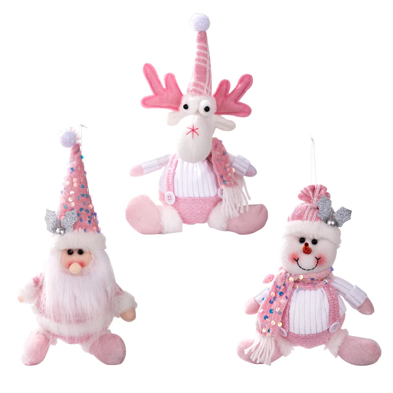 Christmas Decorations: Pink Sequined Scarf, Snowman, Pink Overalls, Reindeer, Pink Sequined Pointed Hat, Santa Claus Home Decor-Serilas