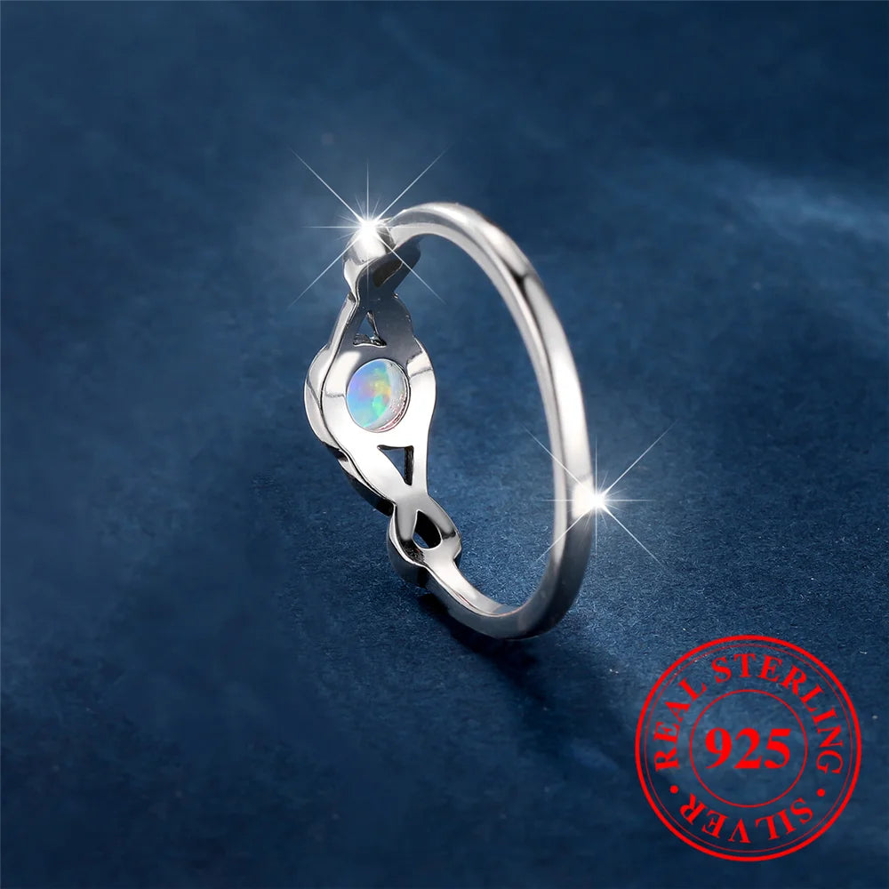 Female Cute Natural White Fire Opal Stone Round Infinity Ring Vintage Real 925 Sterling Silver Wedding Jewelry For Women-Serilas