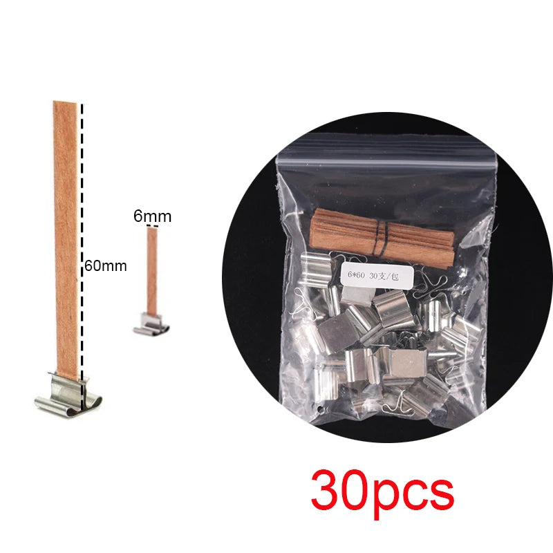 30pcs Wooden Candles Wick for DIY Paraffin Candle Jar Making Kit Candle Core with Clip Base Handmade Smokeless Candle Wick Cores-Serilas