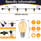 LED S14 String Lights for Outside E27 220V EU PLUG 2W Waterproof Patio Light Dimmable Shatterproof Waterproof Garden Light Decor-Serilas