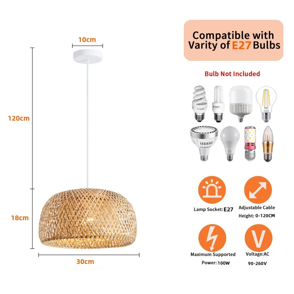 Bamboo Lantern Pendant Lamp Natural Rattan Wicker E27 Chandeliers Hand-Woven Bamboo Lampshades Lighting Fixtures Hanging Light-Serilas