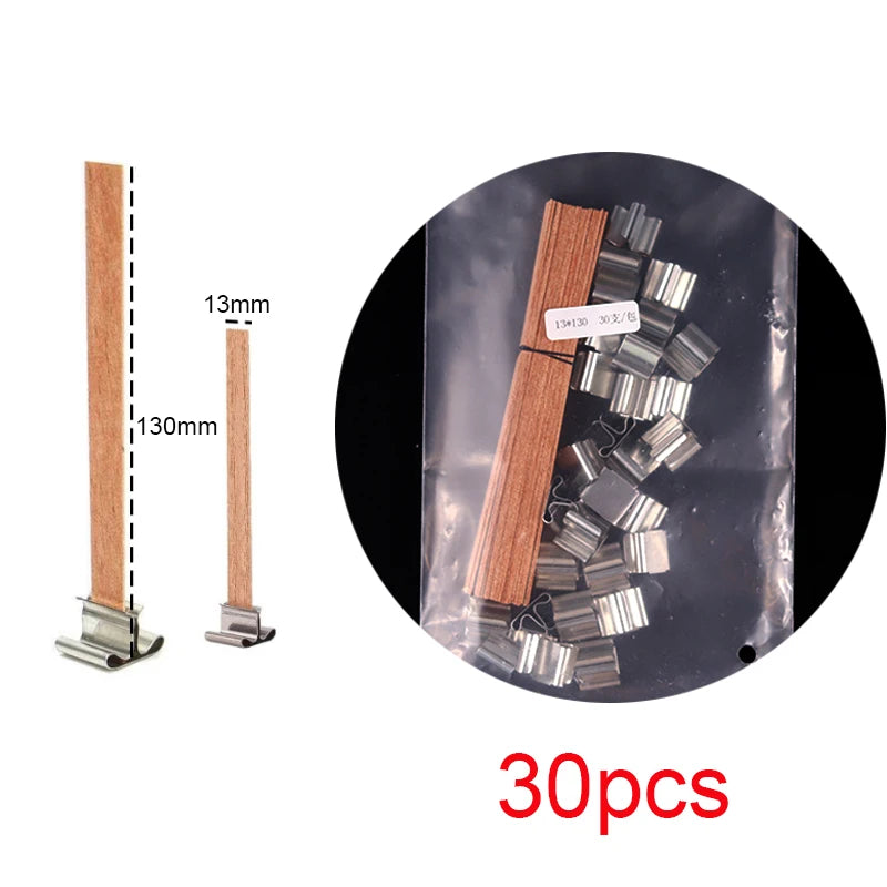30pcs Wooden Candles Wick for DIY Paraffin Candle Jar Making Kit Candle Core with Clip Base Handmade Smokeless Candle Wick Cores-Serilas