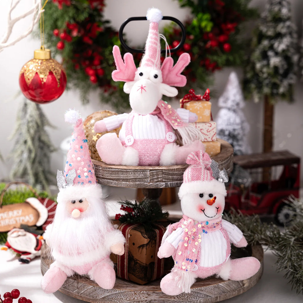 Christmas Decorations: Pink Sequined Scarf, Snowman, Pink Overalls, Reindeer, Pink Sequined Pointed Hat, Santa Claus Home Decor-Serilas
