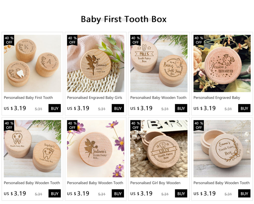 Personalized Initial with Name Engraved Baby Tooth Box Keepsake Teeth Umbilical Curl Hair Wooded Collect Boxes Girls Shower Gift-Serilas