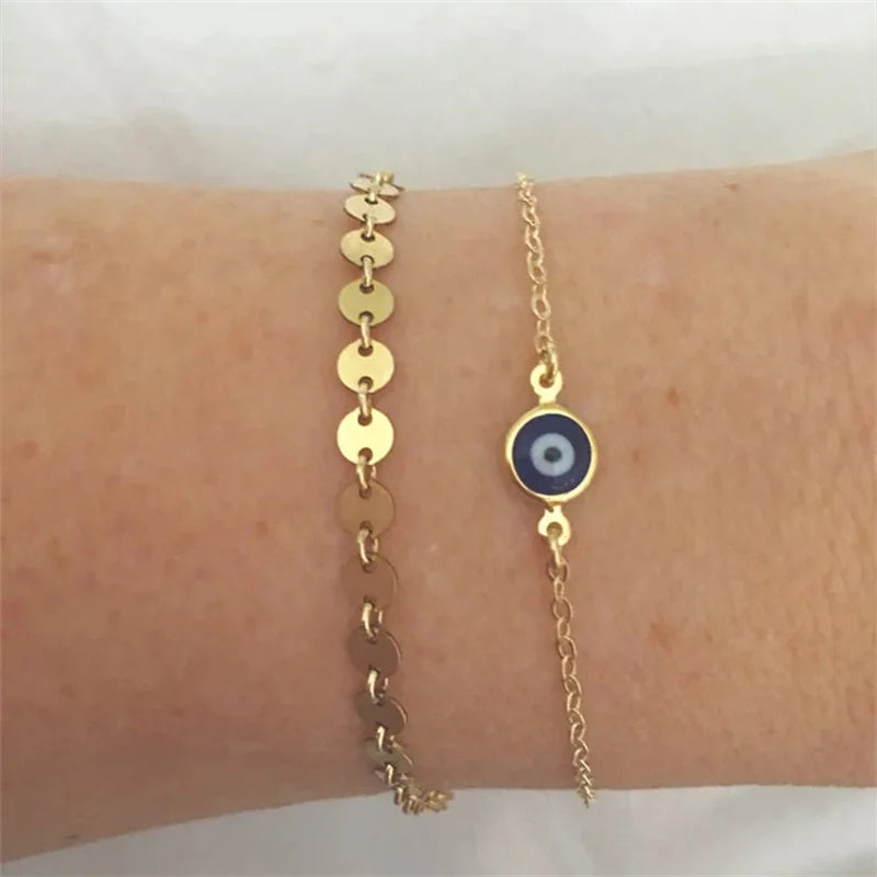 Simple Design Turkish Evil Eye Charm Bracelet for Women Boho Lucky Gold Color Copper Chain Adjustable Bracelet Summer Jewelry-Serilas