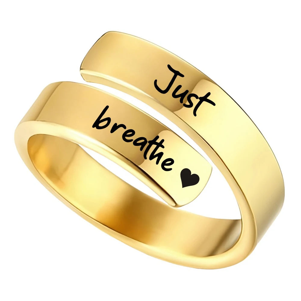 Just Breathe Heart Ring for Women Men, Stainless Steel Spiral Wrap Healing Rings, Inspirational Heart felt Gifts with Box-Serilas