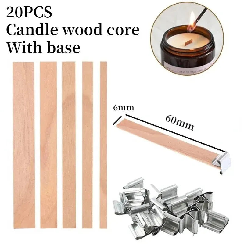 20pcs Wooden Candles Wick DIY Candle Making Kit Smokeless Candle Core with Clip Base Handmade Candle Wood Core Candlewick-Serilas
