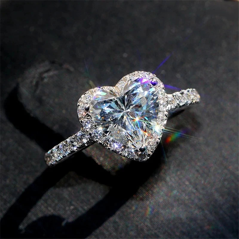 Luxury Silver Color Heart Ring for Women Exquisite Fashion Metal Inlaid White Zircon Stones Wedding Ring Engagement Jewelry-Serilas