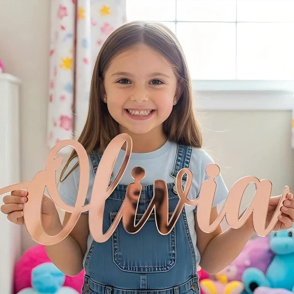 Personalized Custom Baby Name Sign Decor Acrylic Mirror Gold Wood Wall Signs Baby Shower Nursery Decor Wedding Party Plaque Gift-Serilas