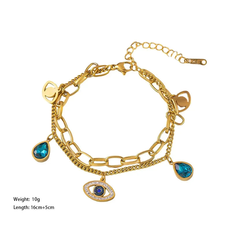 Stainless Steel Double Layer Evil Eye Charm Bracelet For Women Girl Luxury Vintage Bangle Birthday Party Wrist Jewelry Gift New-Serilas