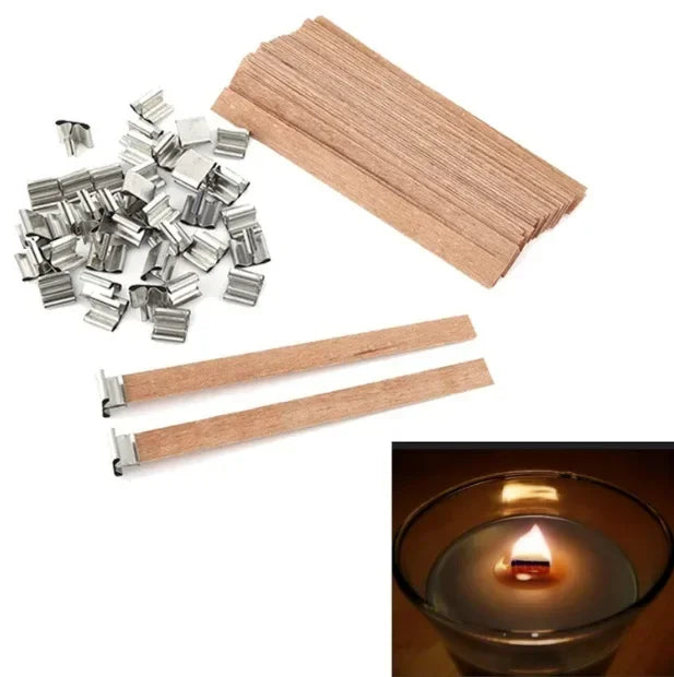 Wooden Candle Wicks Flat Candle Wooden Iron Stand Candle Cores with Base Holder for Handmade DIY Candle Making Craft-Serilas