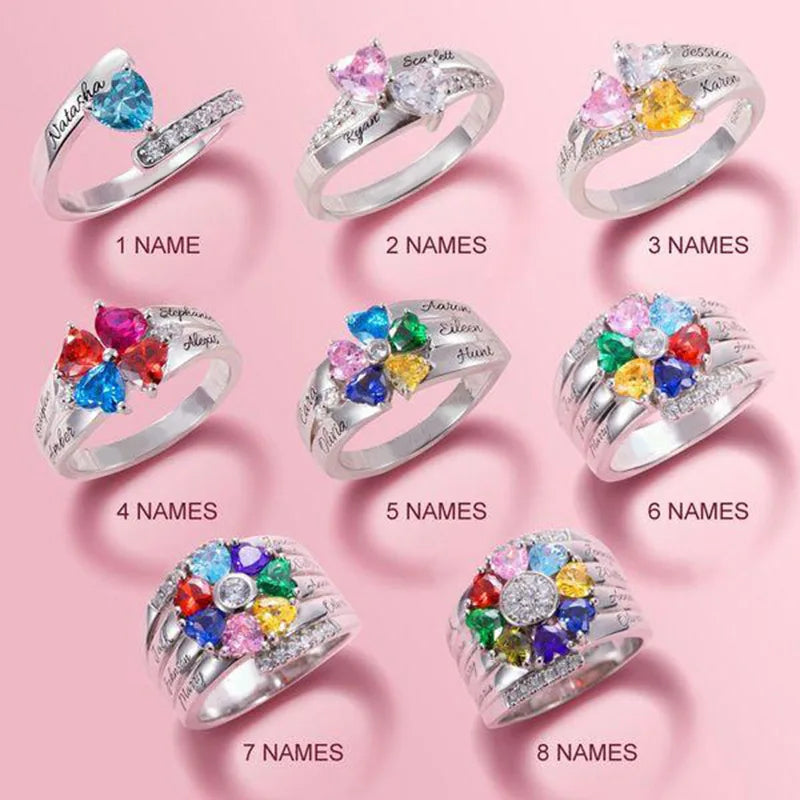 Personalized Name Ring with 1-8 Birthstones Custom Names Birthstone Rings Family Ring Jewelry Gifts for Women Mother Daughter-Serilas