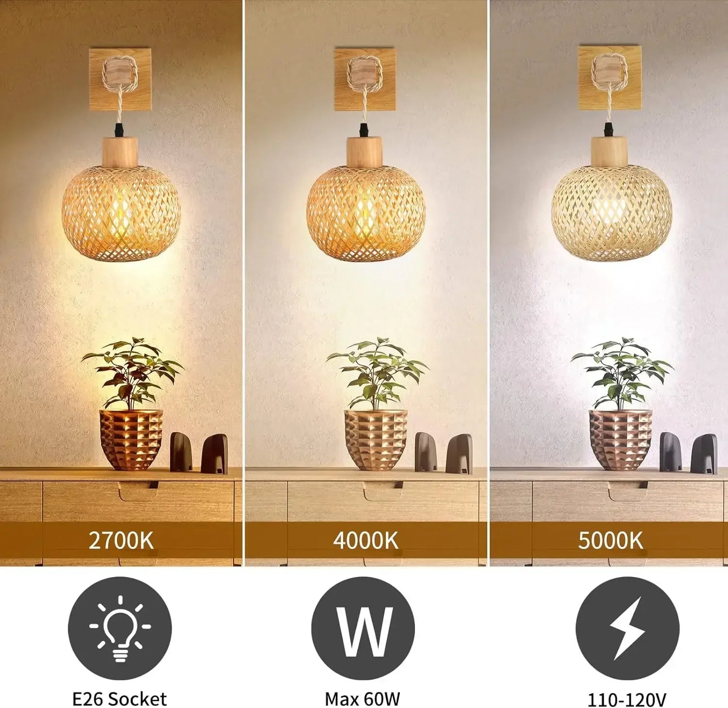 Bamboo Lantern Wall Lamp Natural Rattan Wicker E27 Chandeliers Hand-Woven Bamboo Room Decor Lampshades Wall Light Fixtures-Serilas