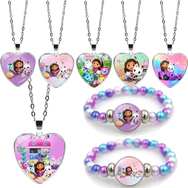 Gabby Dollhouse Heart Necklace Colorful Beaded Bracelet Cute Cartoon Anime Cosplay Jewelry Accessories Kids Girls Birthday Gift-Serilas