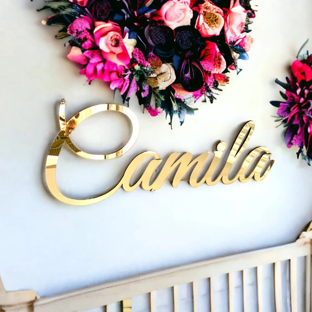 Personalized Custom Baby Name Sign Decor Acrylic Mirror Gold Wood Wall Signs Baby Shower Nursery Decor Wedding Party Plaque Gift-Serilas