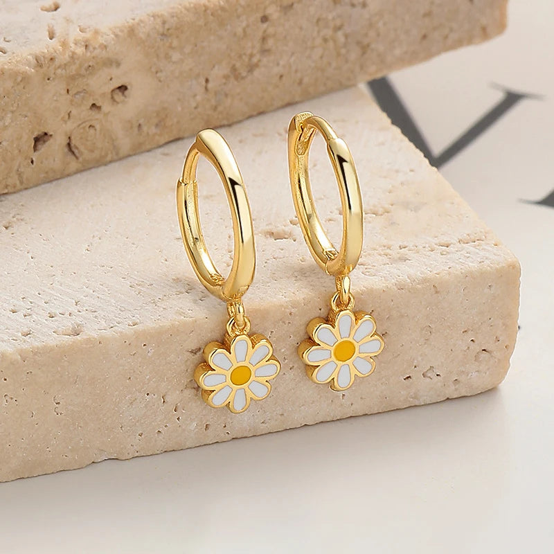 SOFTPIG Real 925 Sterling Silver Flower Pendant Hoop Earrings For Women Cute Plant Fine Jewelry Minimalist Accessories-Serilas