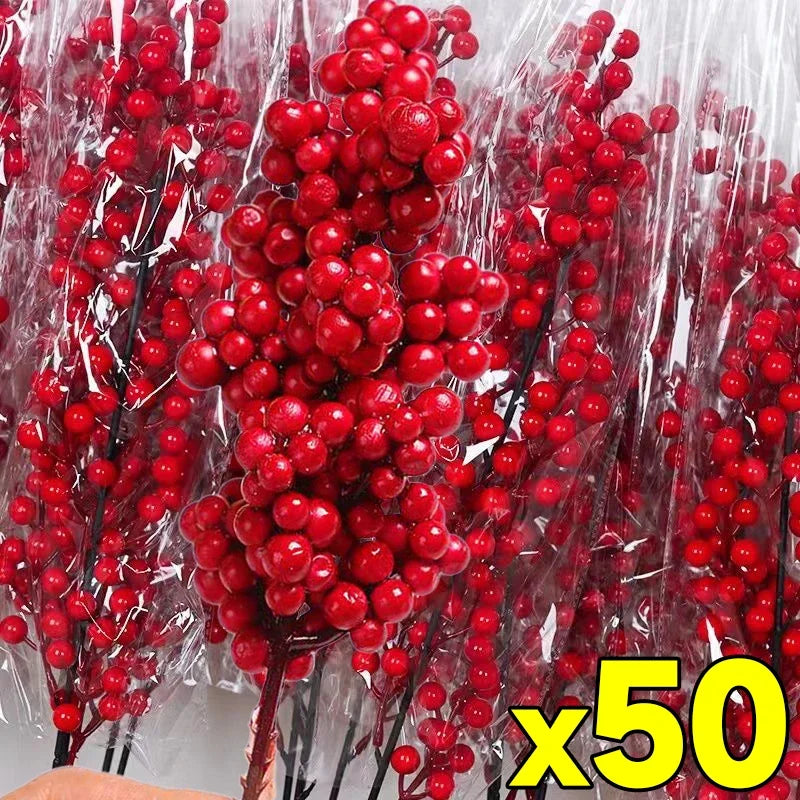 Christmas Red Berries Branch  Artificial Holly Berry Stamen Wreath DIY Foam Fake Flower Ornaments for Xmas Tree Party Home Decor-Serilas