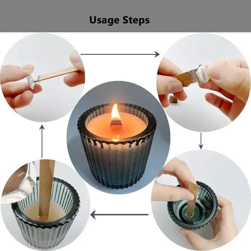 Wooden Candle Wicks Flat Candle Wooden Iron Stand Candle Cores with Base Holder for Handmade DIY Candle Making Craft-Serilas