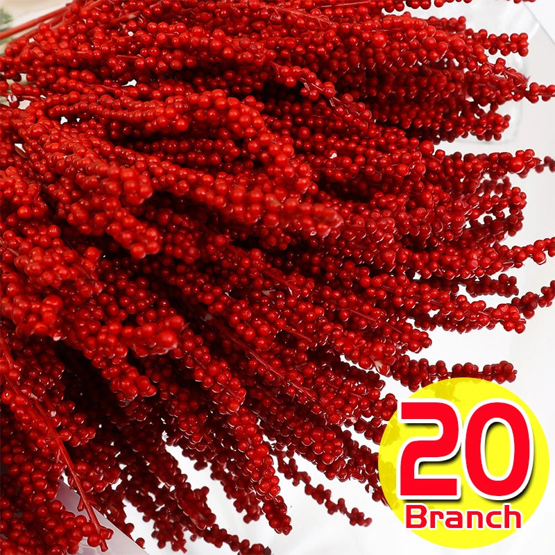 New Christmas Red Berries Branch Artificial Holly Berry Stamen Flowers Wreath for Xmas Tree Ornaments New Year Party Home Decor-Serilas