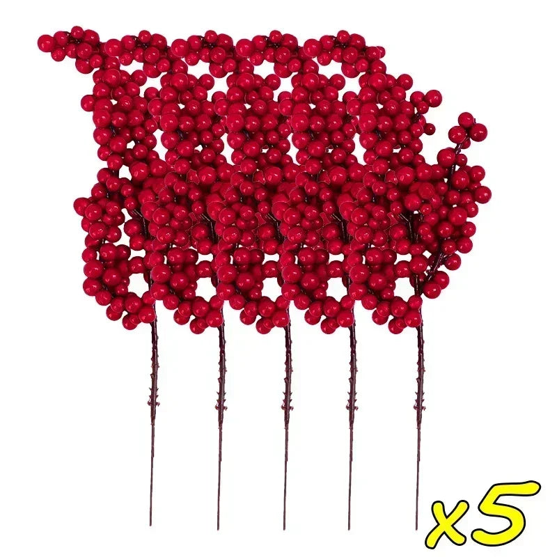 Christmas Red Berries Branch  Artificial Holly Berry Stamen Wreath DIY Foam Fake Flower Ornaments for Xmas Tree Party Home Decor-Serilas