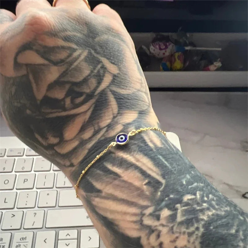 Simple Design Turkish Evil Eye Charm Bracelet for Women Boho Lucky Gold Color Copper Chain Adjustable Bracelet Summer Jewelry-Serilas