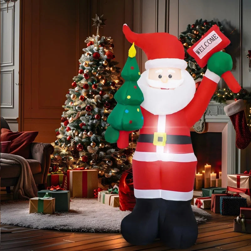 1.2/1.8m Inflatable Santa Claus Holding Christmas Tree Gift Bags Outdoor Decoration with LED Lights Blowing up Toys Garden Decor-Serilas