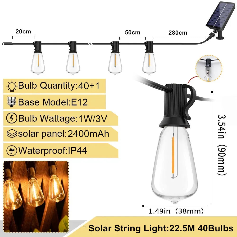 LED ST38 Solar String Lights for Outside, USB & Solar Dual Charging Outdoor String Lights for Porch Garden Camping-Serilas