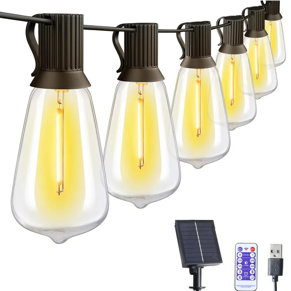 LED ST38 Solar String Lights for Outside, USB & Solar Dual Charging Outdoor String Lights for Porch Garden Camping-Serilas