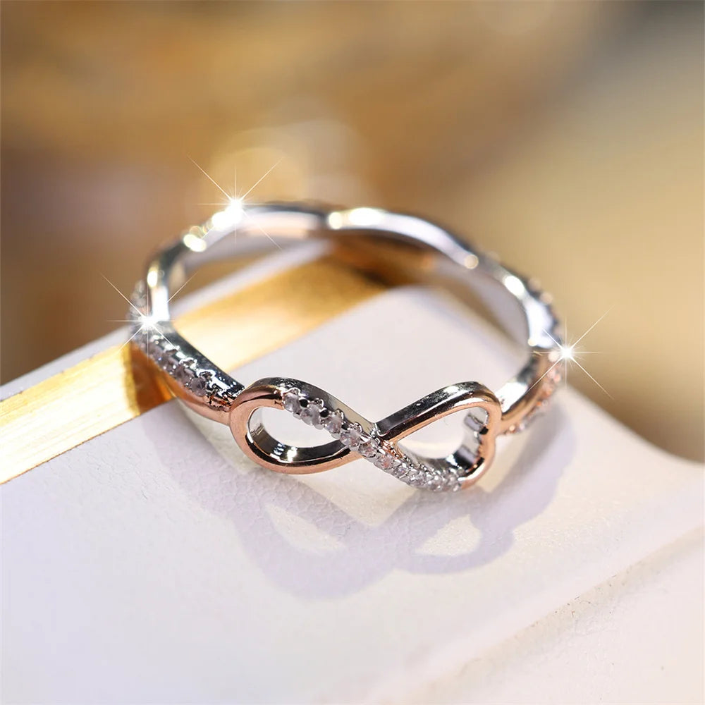 Simple Trendy 8 Shape Infinity Ring White Zircon Engagement Rings For Women Rose Gold Silver Color Wedding Band Two Tone Jewelry-Serilas