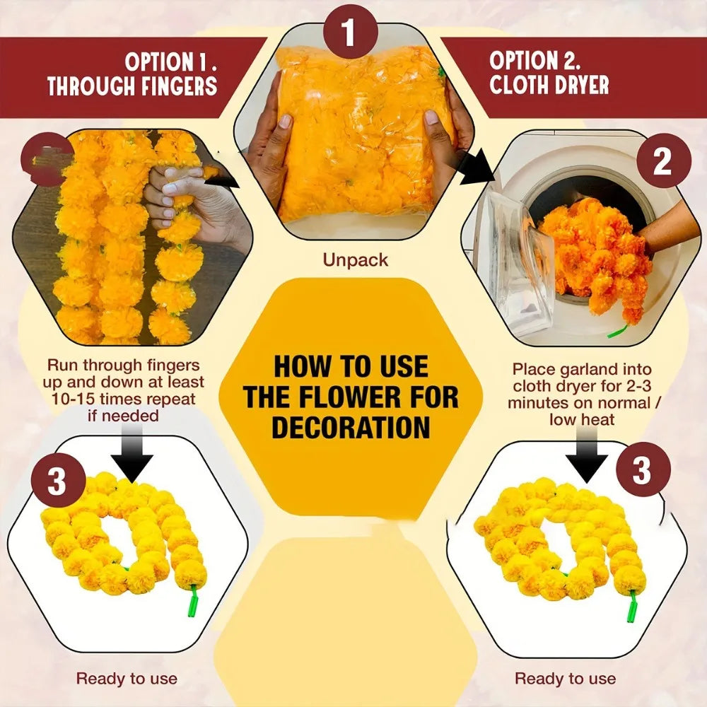 Marigold Flower Garlands 1.5m Artificial Flower Garland Indian DécorPooja Diwali Fiesta Day of The Dead Christmas Events Decor-Serilas