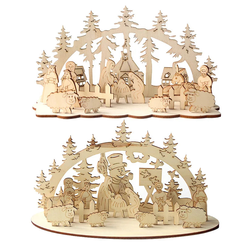 Christmas Wooden Ornaments Snowman Church Christmas Desktop Ornaments New Year Xmas Party Decorations for Home Navidad Gifts-Serilas