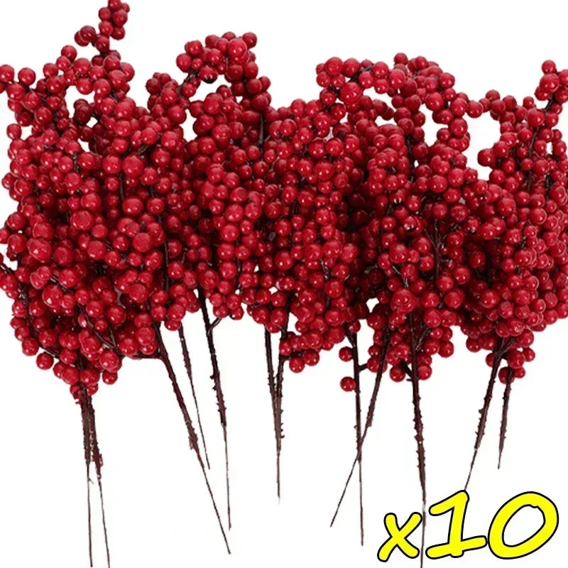 Christmas Red Berries Branch  Artificial Holly Berry Stamen Wreath DIY Foam Fake Flower Ornaments for Xmas Tree Party Home Decor-Serilas