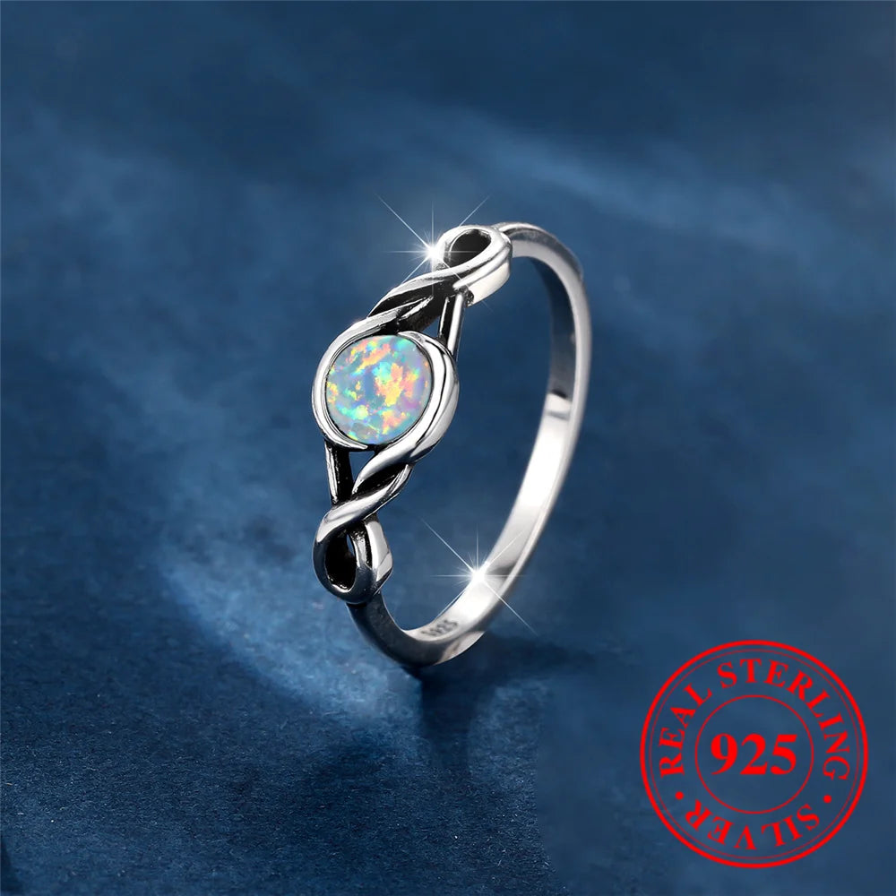 Female Cute Natural White Fire Opal Stone Round Infinity Ring Vintage Real 925 Sterling Silver Wedding Jewelry For Women-Serilas