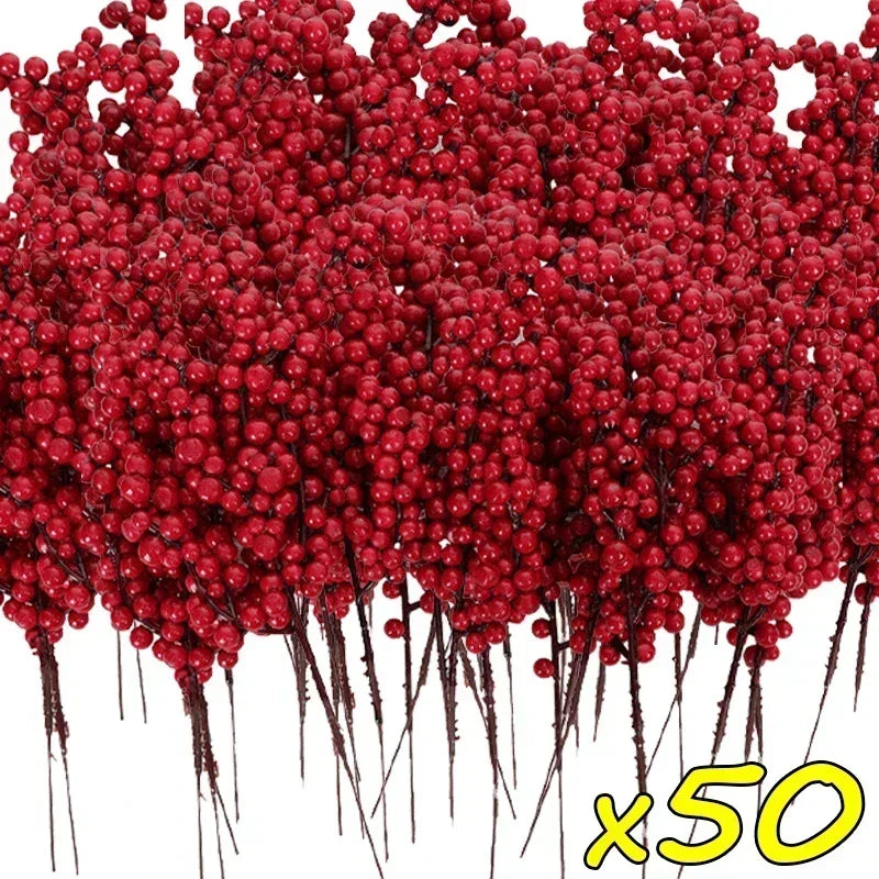 Christmas Red Berries Branch  Artificial Holly Berry Stamen Wreath DIY Foam Fake Flower Ornaments for Xmas Tree Party Home Decor-Serilas