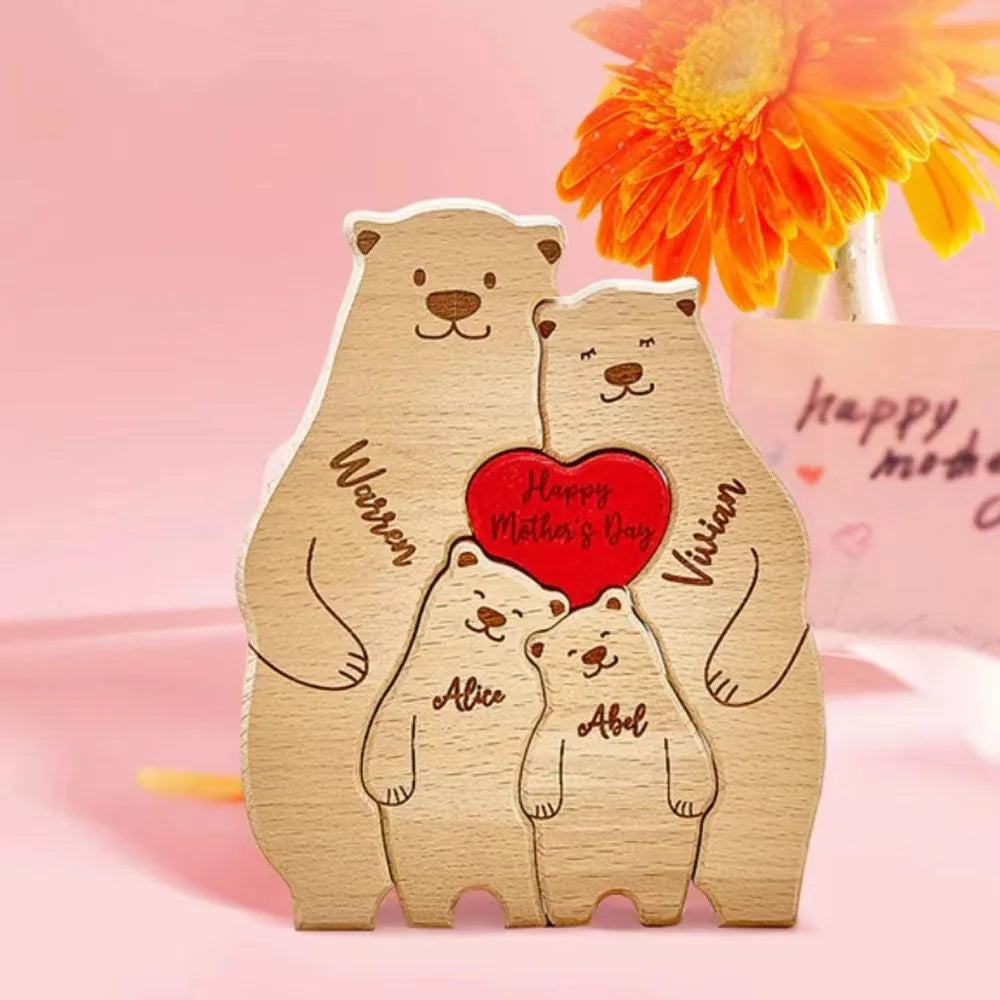 Personalized Family Bear Puzzle Decor Custom Names Fits 2-6 Names Rustic Wooden Bears Seasonal Décor for Mother's & Father's Day-Serilas