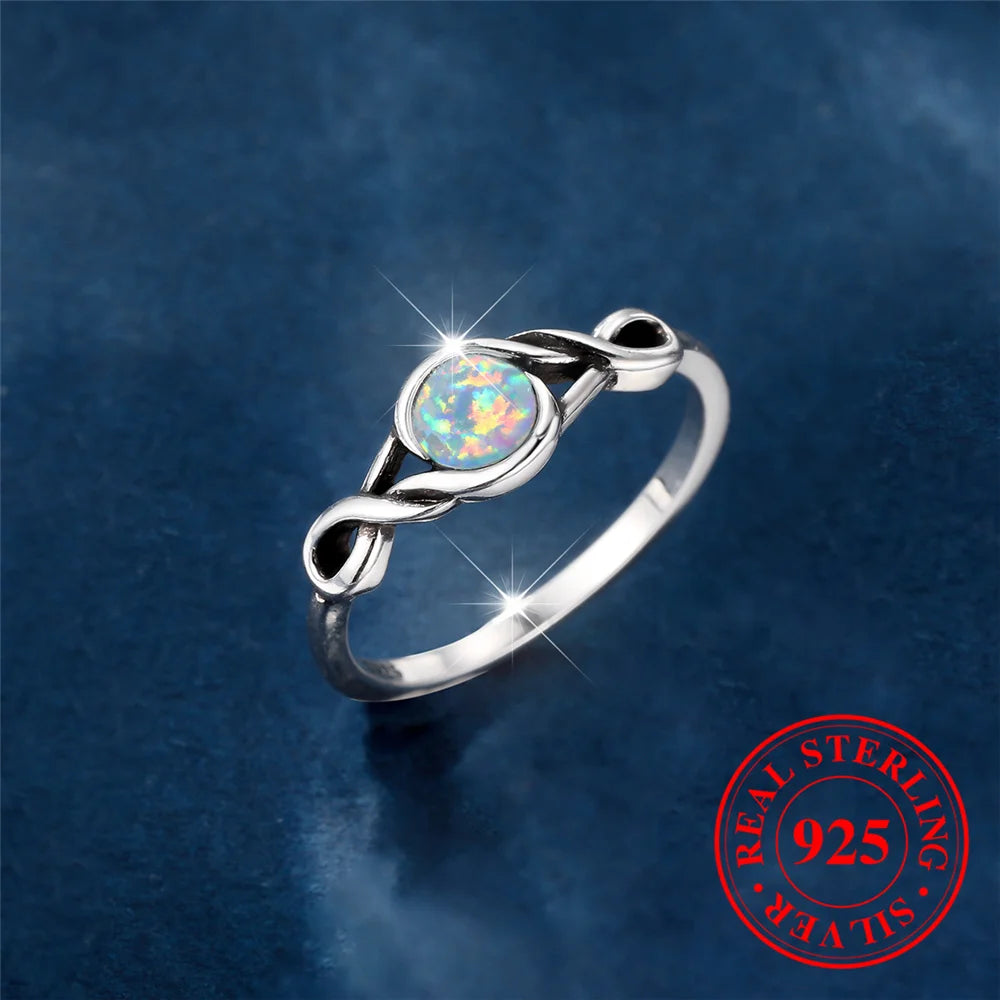 Female Cute Natural White Fire Opal Stone Round Infinity Ring Vintage Real 925 Sterling Silver Wedding Jewelry For Women-Serilas