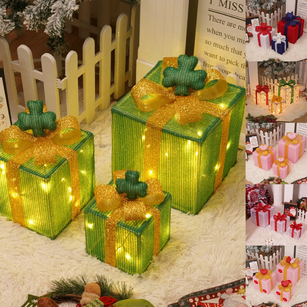 Set of 3 Christmas Lighted Gift Boxes with Bowknot Light Up Christmas Boxes Xmas Ornament for Xmas Holiday Party Indoor Outdoor-Serilas